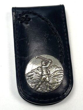 BRIGHTON Black Leather & Silvertone 3" Magnetic Golf MONEY CLIP Strong M1003 EUC